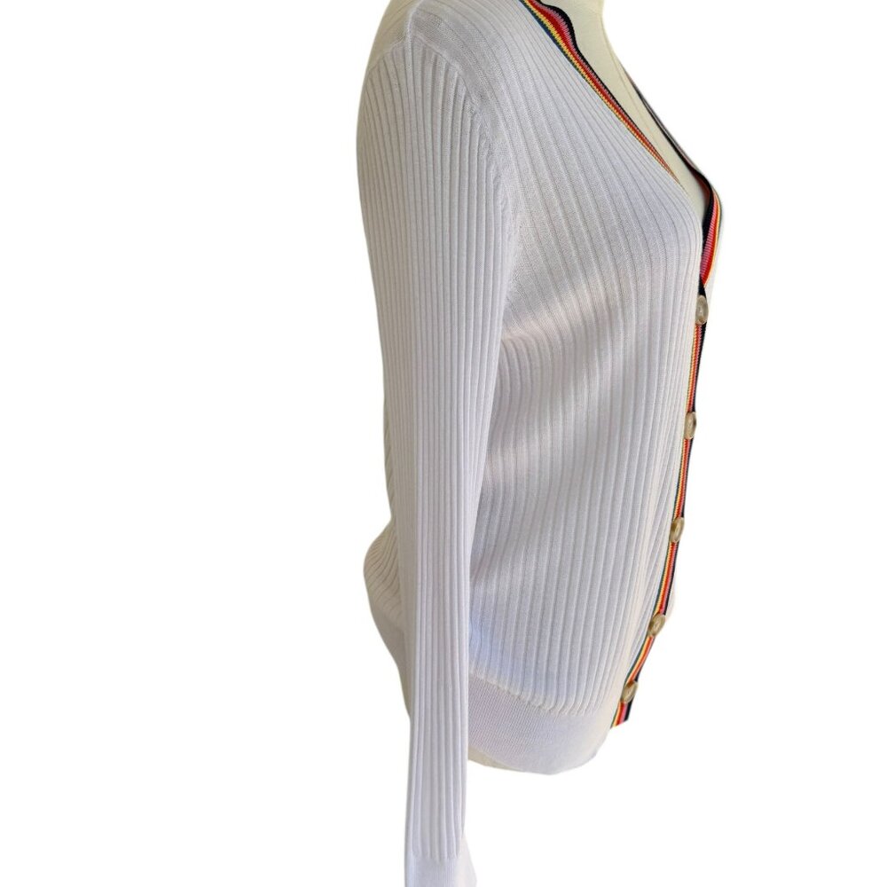 LOFT White Ribbed Button Front Cardigan Sweater with Rainbow Trim – Size L - Picture 3 of 8